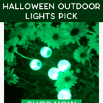 Glowing green eyeball lights are displayed among flowers at night, promoting top solar powered Halloween outdoor lights. Text reads: "Top Solar Powered Halloween Outdoor Lights Pick. Shop Now. thebargainsisters.com".