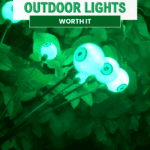 Glowing green, eyeball-shaped Halloween outdoor lights on stakes are displayed among dark green foliage, with text reading “Solar Powered Halloween Outdoor Lights – Worth It” and “thebargainsisters.com.”.