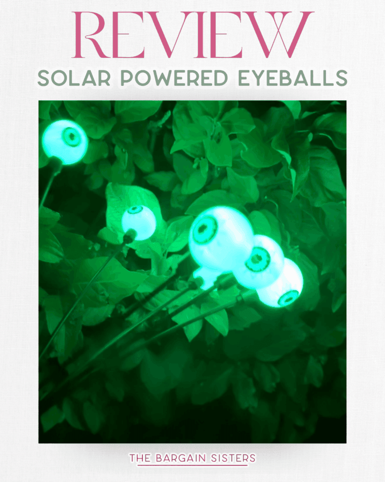 Five glowing solar-powered eyeball decorations are staked among leafy green plants at night. The text reads “Review: Solar Powered Eyeballs – The Bargain Sisters.”.
