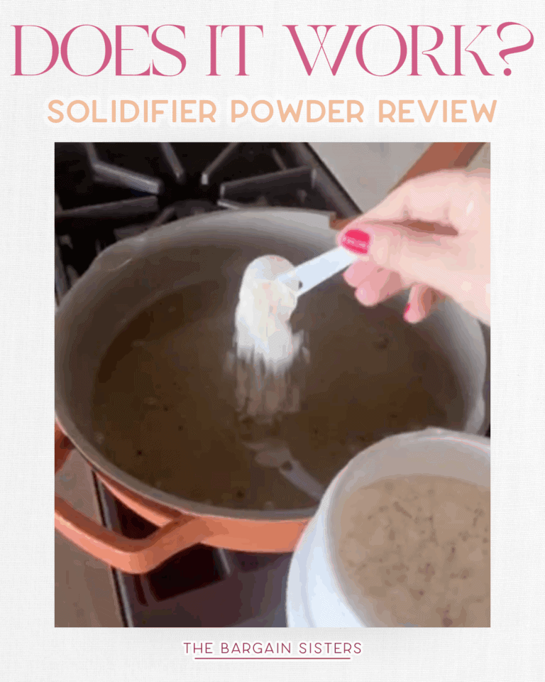 A hand sprinkles Solidifier Powder from a white container into a pot of liquid on a stove. Text above reads "DOES IT WORK? SOLIDIFIER POWDER REVIEW," with "The Bargain Sisters" at the bottom.