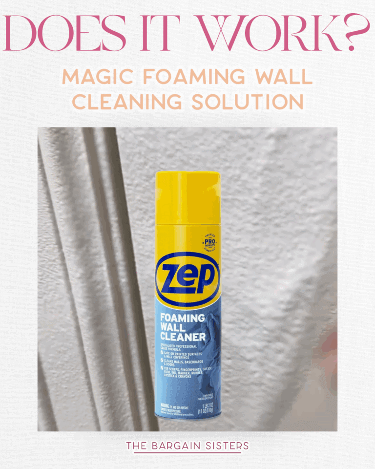 A can of Zep Foaming Wall Cleaner sits in front of a textured wall. Text above reads, "DOES IT WORK? MAGIC FOAMING WALL CLEANING SOLUTION." At the bottom, it says, "THE BARGAIN SISTERS: testing a new wall cleaning solution.