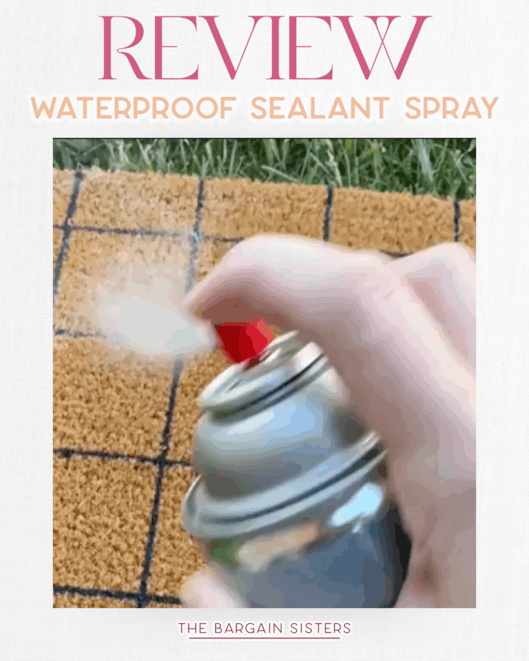A hand sprays Waterproof Sealant Spray onto a doormat with a black grid pattern. Text above reads "Sealant Spray Review," and below, "The Bargain Sisters." Perfect for home use, with grass visible in the background.