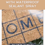 Close-up of a doormat with the word "HOME" on it, overlaid with text: "Keep mats fresh with waterproof sealant spray." A "Shop Now" button appears below, along with the website "thebargainsisters.com.