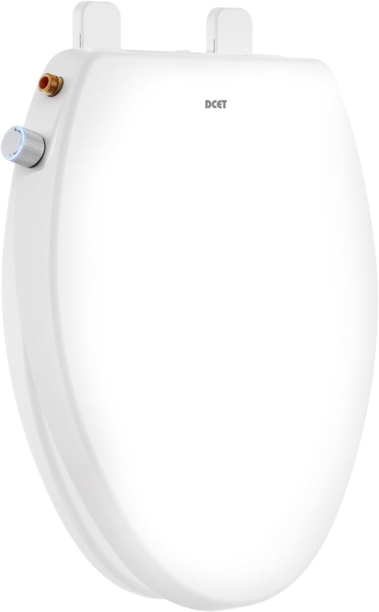 A white electronic bidet toilet seat with a side control knob and connection ports, labeled "DCET" on the lid—perfect for upgrading your bathroom comfort during Tuesday Deals.