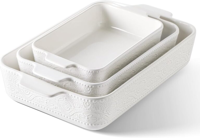 Three white ceramic baking dishes with subtle embossed patterns are nested together, each with side handles. Perfect for Tuesday Deals, these rectangular dishes vary in size from small to large.