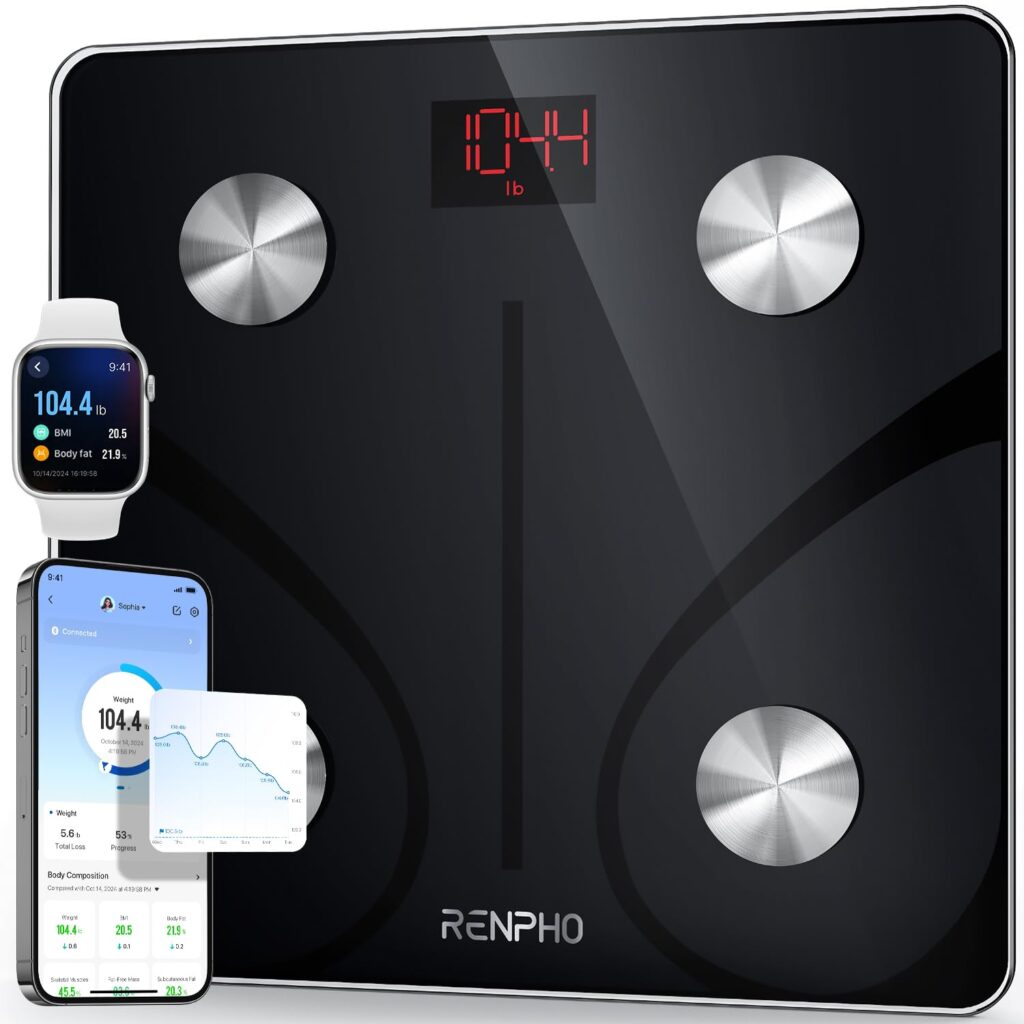 A black RENPHO digital smart scale displays a weight of 104.4 lb. A smartphone and smartwatch show related health and weight data, highlighting the scale's Bluetooth tracking—perfect for scoring Wednesday Deals on fitness tech.
