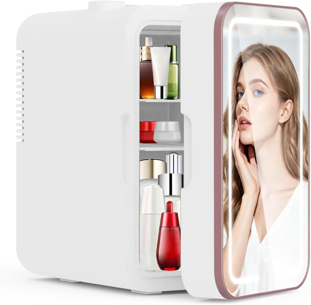 A small white mini fridge with skincare bottles inside. Its door features a large mirror reflecting a woman touching her face, suggesting it’s perfect for beauty rituals—ideal for storing your favorites, especially with Monday Deals.
