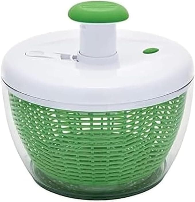 A green and white salad spinner with a clear bowl, a green inner basket, and a green knob handle on top for spinning—perfect for fresh salads and now featured in our Thursday Deals.