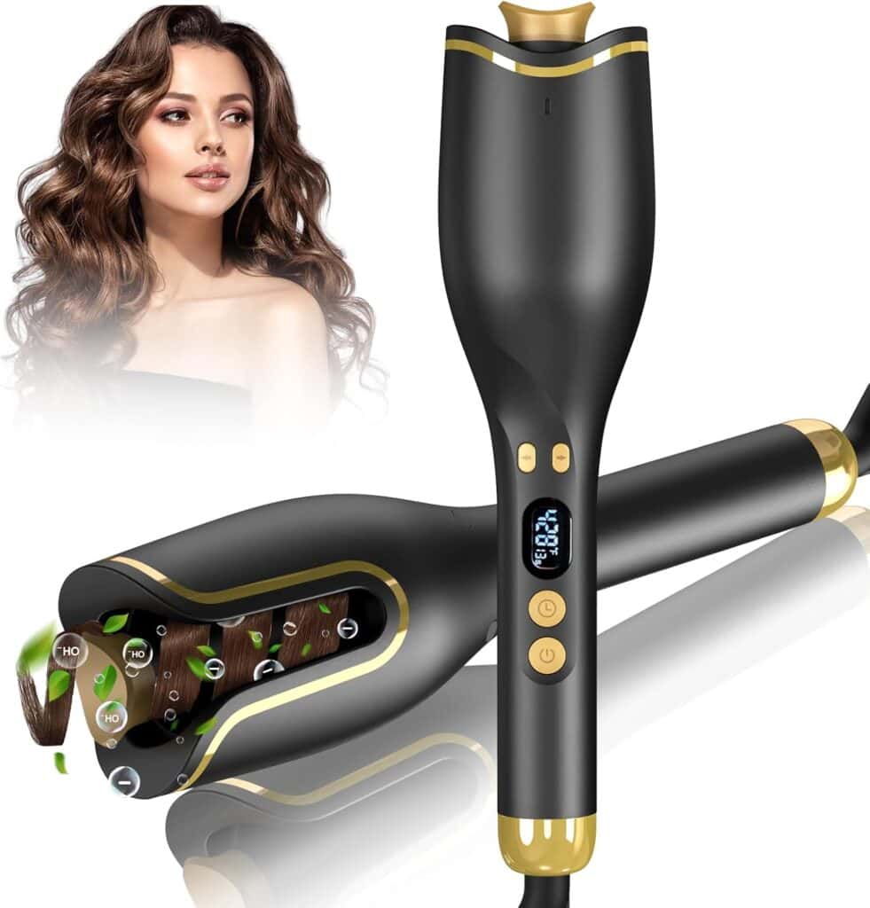 A black and gold automatic hair curler with a digital display is shown curling hair. Next to it, a woman with long, wavy hair demonstrates the curler’s results—perfect for snagging in this week’s Friday Deals.