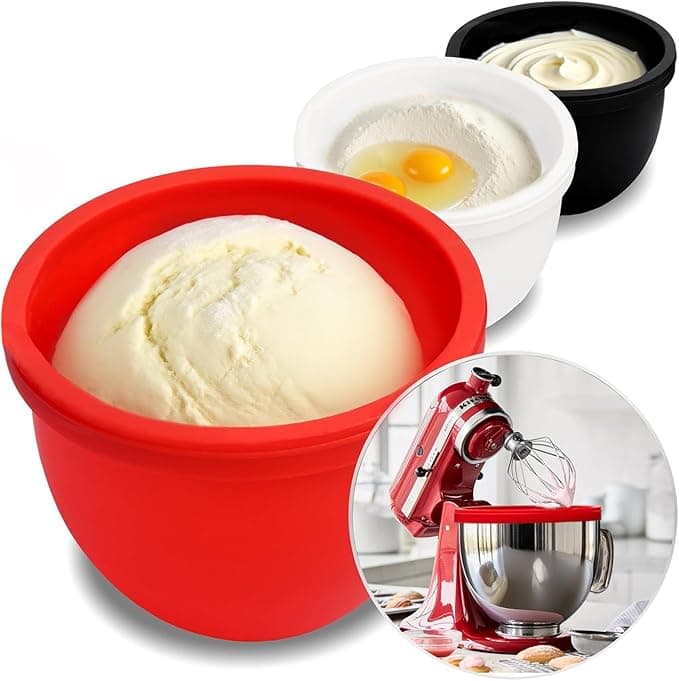 Three mixing bowls (red, white, and black) are shown with dough, eggs, and batter inside. An inset image features a red stand mixer with a metal bowl—perfect for your next bake-off and even better with Friday Deals.