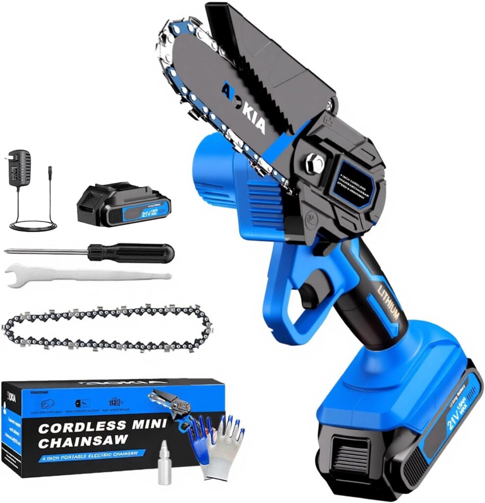 A blue and black cordless mini chainsaw set with accessories, including a charger, replacement chain, gloves, wrench, oil bottle, and a storage box labeled “Cordless Mini Chainsaw.” Perfect for Monday Deals shoppers!.