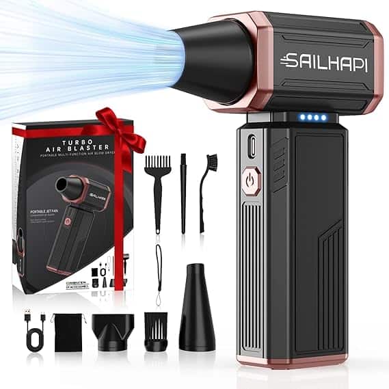 A black and rose gold handheld electric air duster with blue air stream, shown with attachments, cleaning brushes, charger, and packaging box labeled "Sailhapi Turbo Air Blaster." Perfect for grabbing on Thursday Deals!.