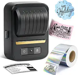 A compact black label printer is shown with a roll of shiny silver labels and various printed stickers, including "Happy Holidays," "Sandwich," a shipping label, and a "Thank You" label—perfect for Friday Deals organization.