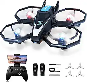 A black quadcopter drone with protective guards and LED lights is shown with accessories: a remote control holding a smartphone, two batteries, charging cable, extra propellers, and a small tool—perfect for catching this Thursday Deals offer.