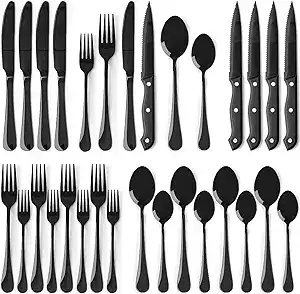 A set of black and silver cutlery, including knives, forks, spoons, and steak knives, arranged neatly in rows on a white background—perfect for upgrading your table setting with exclusive Monday Deals.