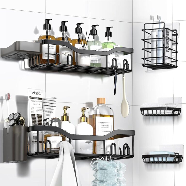 Two black metal shower shelves hold bottles of soap, lotion, and skincare products. Additional caddies contain toothbrushes, toothpaste, razors, and other toiletries—all organized on white tiled bathroom walls for Tuesday Deals savings.