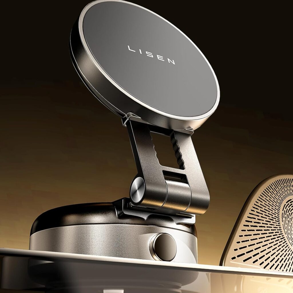 A sleek, metallic Lisen magnetic phone holder is mounted on a glass surface next to a wireless charging speaker with a perforated design, both showcased against a warm gradient background—perfect picks for your Friday Deals.