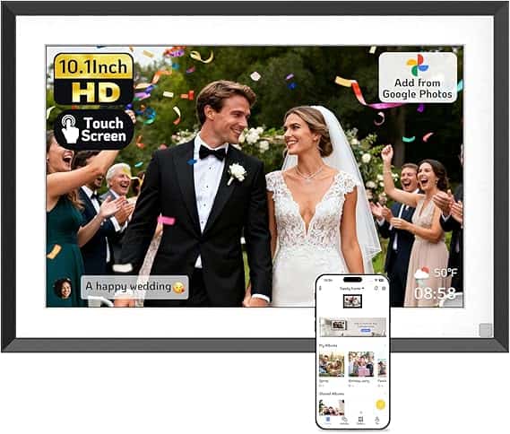 A digital photo frame displays a wedding photo of a bride and groom smiling, surrounded by celebrating guests and confetti. Icons highlight its 10.1-inch HD touchscreen, Google Photos integration, and special Monday Deals shown on the phone screen in front.