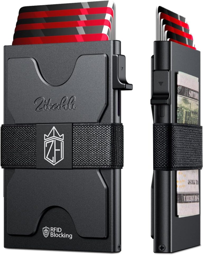 A slim, black RFID-blocking wallet with a pull-tab holds several red cards and cash secured by an elastic strap. Shown from front and side views, it features a logo—perfect for scoring Monday Deals on stylish accessories.