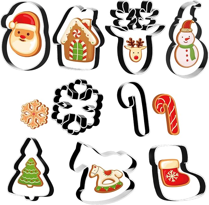 A set of Christmas-themed cookie cutters and decorated cookies—Santa, a gingerbread house, reindeer, snowman, snowflake, candy cane, tree, rocking horse, and stocking—perfect for festive baking fun and Thursday Deals.