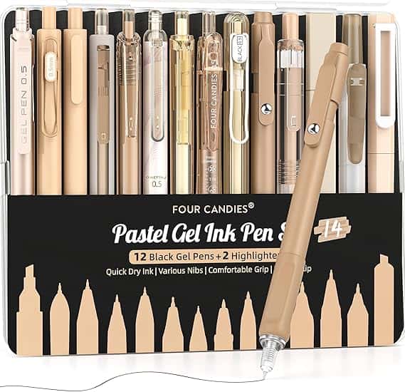 A set of 14 pastel-colored gel ink pens in beige and gold tones, displayed upright in a transparent case labeled "Four Candies Pastel Gel Ink Pen Set." Perfect for Monday Deals and creative note-taking.