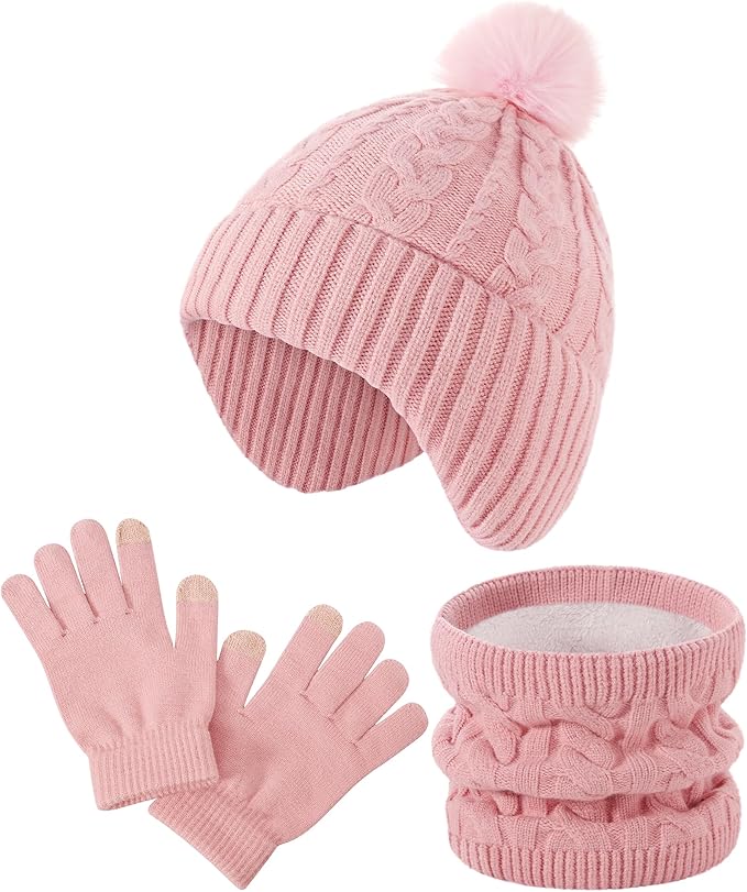 A matching pink winter set featuring a cable knit beanie with pom-pom, touchscreen gloves, and a fleece-lined neck warmer—perfect for staying cozy. Shop now to enjoy special Thursday Deals!.