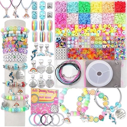 A colorful jewelry-making kit with assorted beads, letter cubes, charms, and elastic string—perfect for crafting unique bracelets and necklaces. Showcased designs inspire creativity. Shop now to enjoy exclusive Tuesday Deals!.