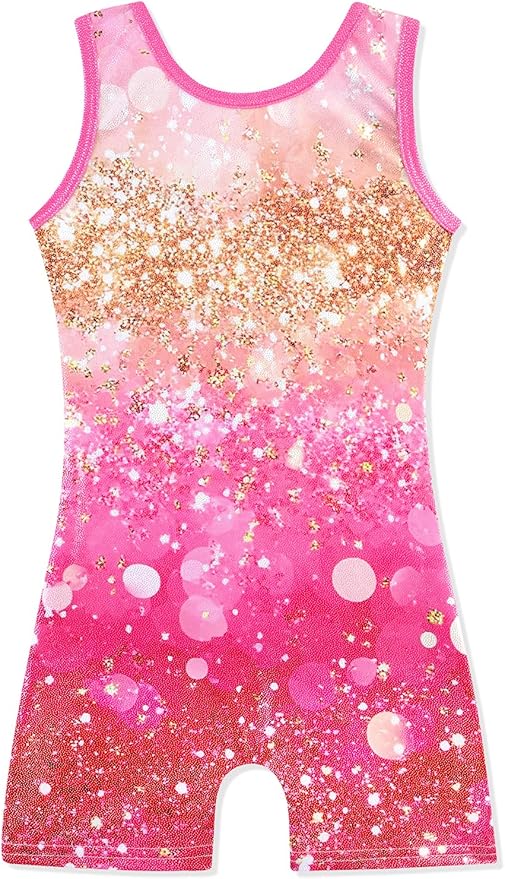 A sleeveless child’s leotard with shorts, featuring a pink and gold glittery gradient design with sparkling and bokeh effect patterns—perfect for gymnastics or dance. Don’t miss our exclusive Thursday Deals on this dazzling outfit!.