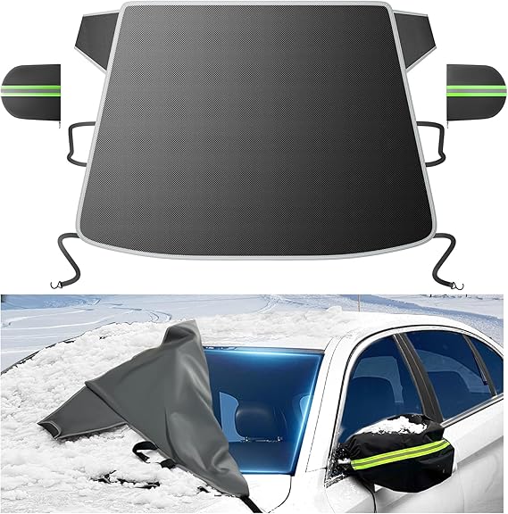 A windshield snow cover with attached side mirror covers is shown; one image displays the product alone, while another shows it being removed from a car windshield covered in snow—perfect for your Thursday Deals shopping.