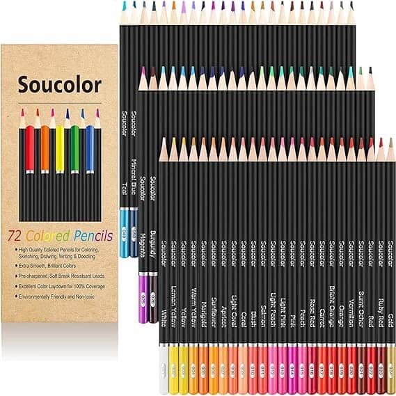 A box of Soucolor 72 colored pencils is shown with all pencils neatly arranged in rows by color. The box is brown with an illustration of six pencils. Each pencil is labeled with its color name—perfect for Monday Deals shoppers.