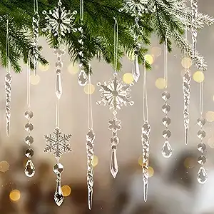 Crystal snowflake and icicle ornaments hang from a pine branch, sparkling with lights and blurred festive bokeh—perfect for brightening your home during Tuesday Deals.