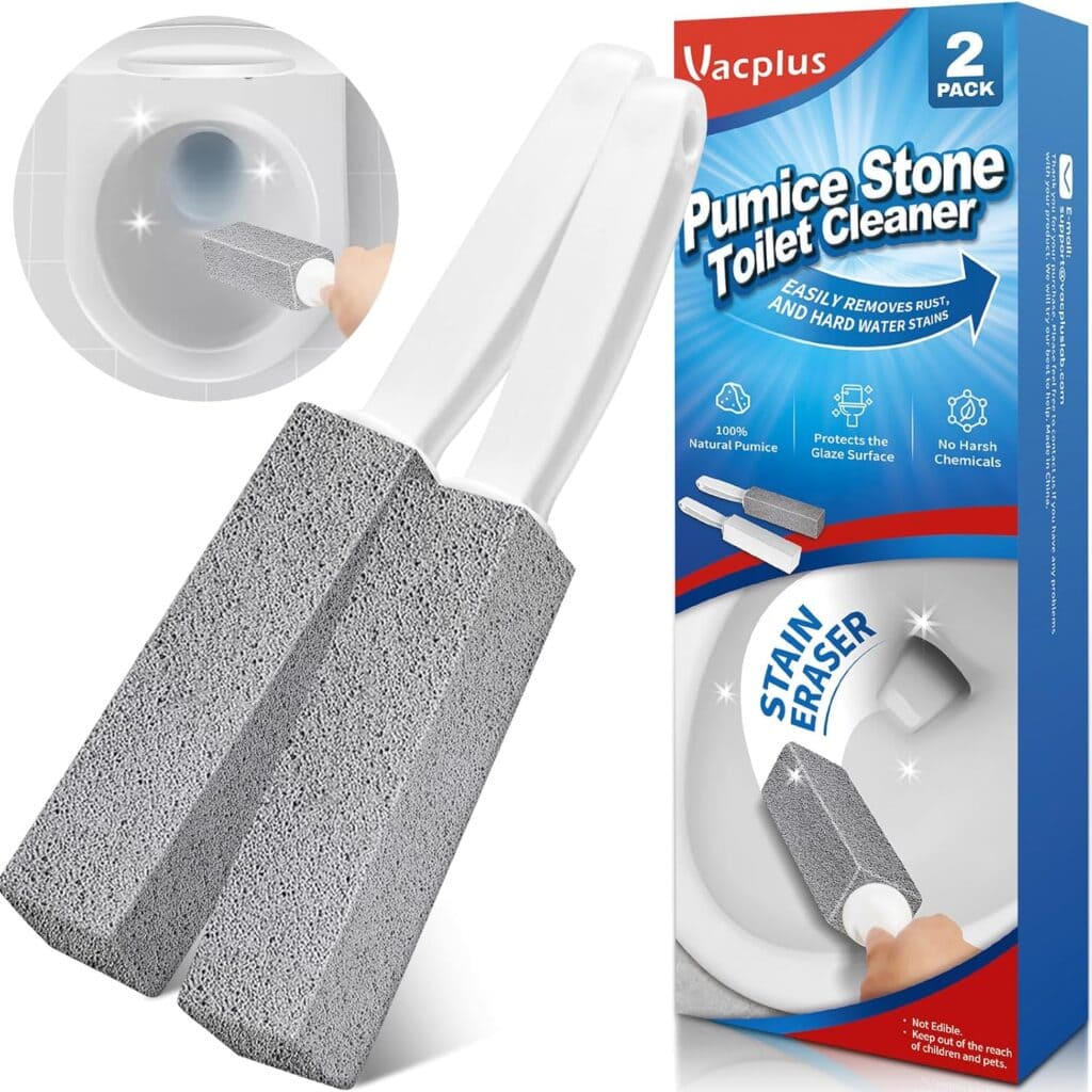 Two gray pumice stone toilet cleaners with white handles sit beside their blue Vacplus packaging. The box highlights stain removal, while an inset shows one in use. Grab these on Wednesday Deals for a fresher, cleaner bathroom.