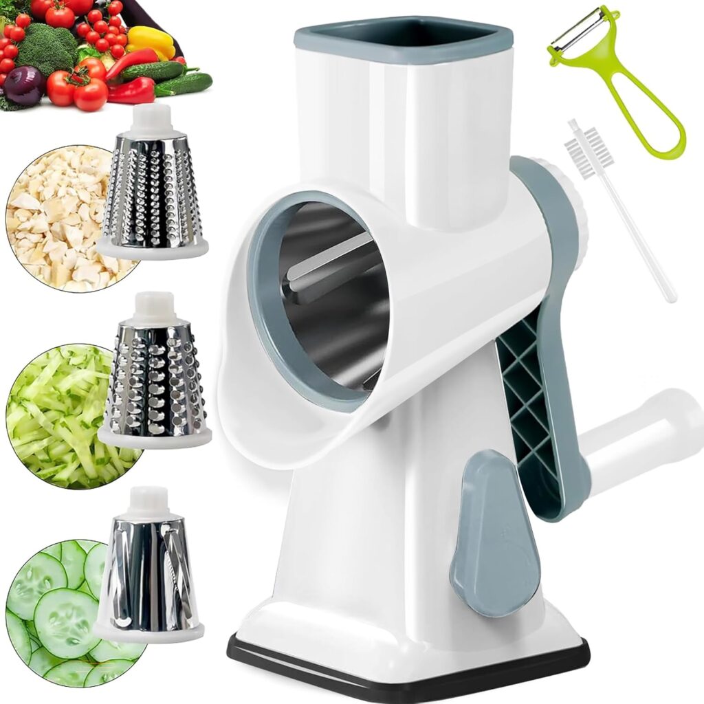 A rotary vegetable slicer with three interchangeable stainless steel blades, a hand crank, a cleaning brush, and a green vegetable peeler. Perfect for slicing cucumbers or shredding cheese—don’t miss out on great Wednesday Deals!.