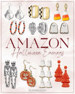 A collection of cute Halloween earrings, featuring ghosts, skeletons, candy corn, pumpkins, skulls, tassels, and orange and black hoops, displayed on a light background with the text "Amazon Halloween Earrings.