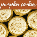 Close-up of soft caramel pumpkin cookies topped with white frosting and a sprinkle of cinnamon, arranged in a neat grid. Text reads “Recipe: Soft Caramel Pumpkin Cookies” and “thebargainsisters.com.”.