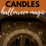 A rustic arched window is framed by stone, with glowing floating candles suspended in front, creating a magical Halloween atmosphere. Bold text reads "Floating Candles: Halloween Magic.