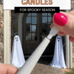 Close-up of hands assembling a floating candle with a thin string, with two ghost decorations standing in front of a stone building entrance in the background. Text reads: “Review Floating Candles for Spooky Season.”.