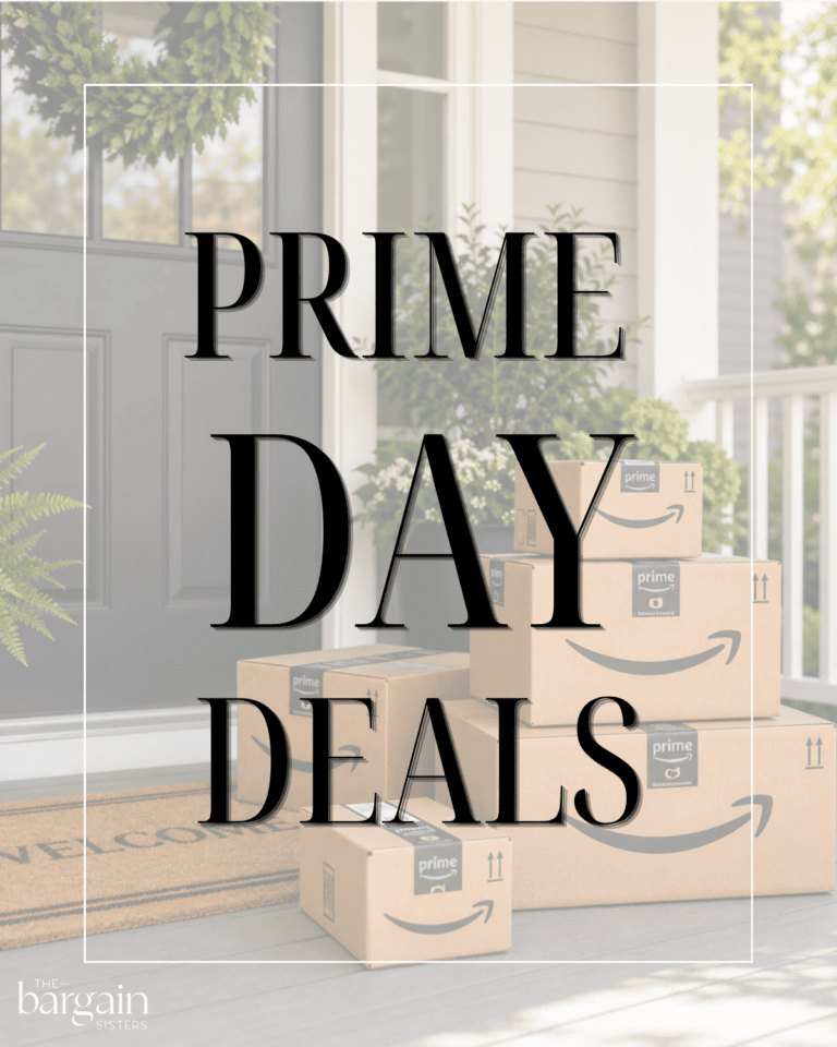 A stack of Amazon Prime delivery boxes on a front porch with the text “Prime Day favorites” overlaid.
