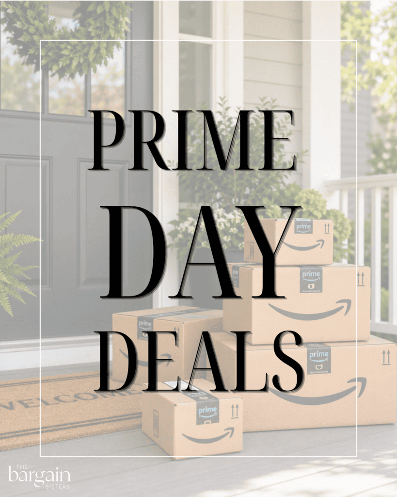 A stack of Amazon Prime delivery boxes on a front porch with the text “Prime Day favorites” overlaid.