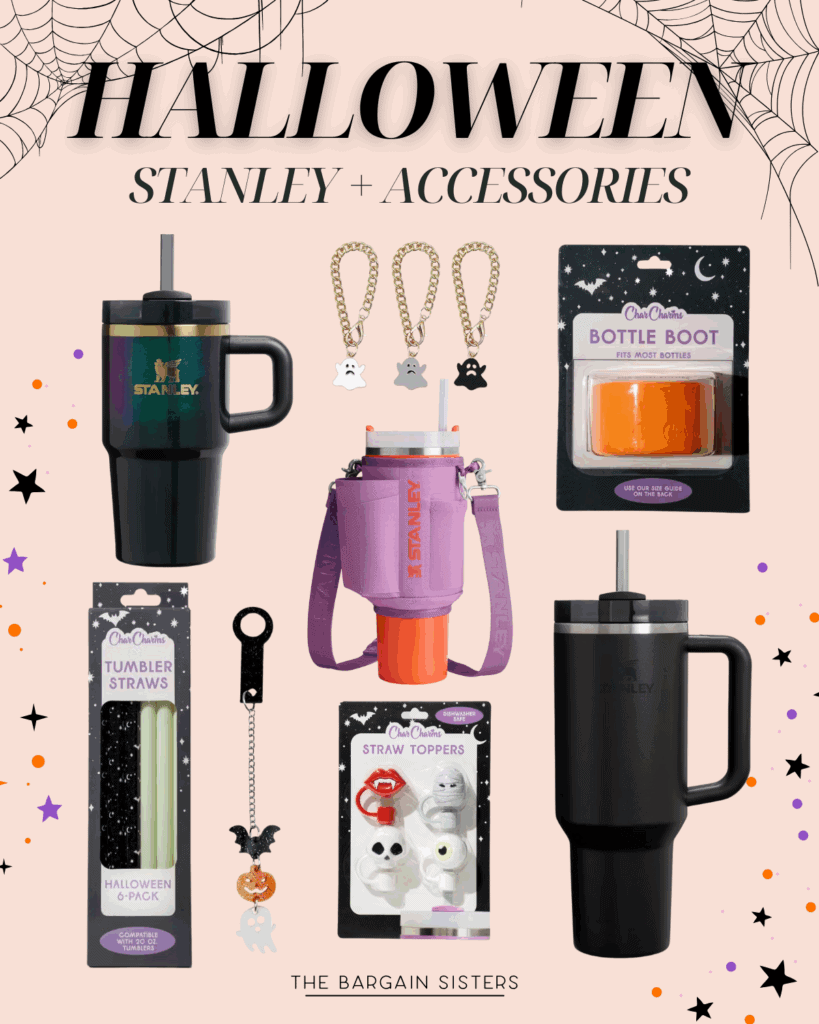 A collage of Spooky Cute Stanley Cups and accessories, including black and lavender tumblers, neon straws, festive toppers, hanging charms, and an orange bottle boot. Spiderwebs decorate the background for a fun Halloween Stanley Cups vibe.
