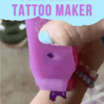 A hand with light blue nail polish uses a pink temporary tattoo maker on an arm. Text above reads "Creative Play: Temporary Tattoo Maker." Website "thebargainsisters.com" appears at the bottom.