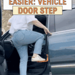 A person steps onto an orange vehicle door step attached to the car’s door latch, helping them access the roof of a dark SUV. Text overlay reads: “Travel Made Easier: Vehicle Door Step.”.