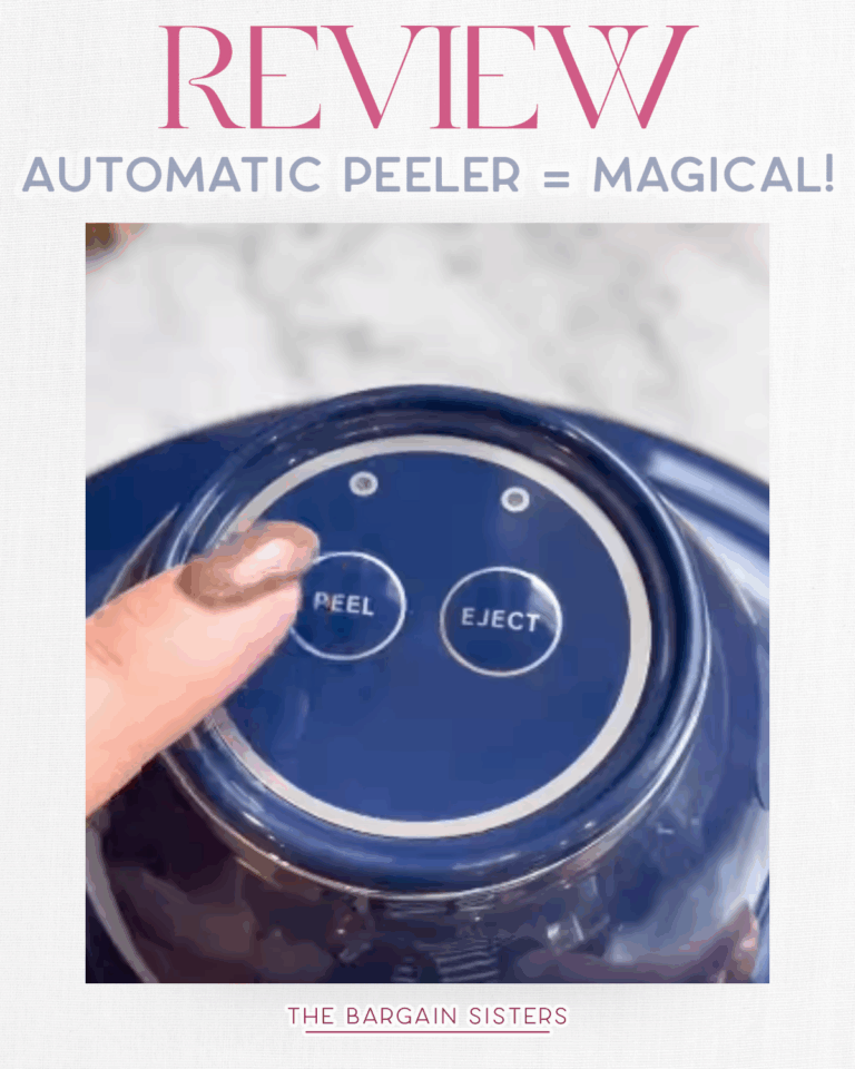A close-up of a person's finger pressing a button labeled "PEEL" on the blue automatic peeler. Another button labeled "EJECT" is next to it. Text above reads "REVIEW AUTOMATIC PEELER = MAGICAL!"—the power of an automatic peeler in action!.