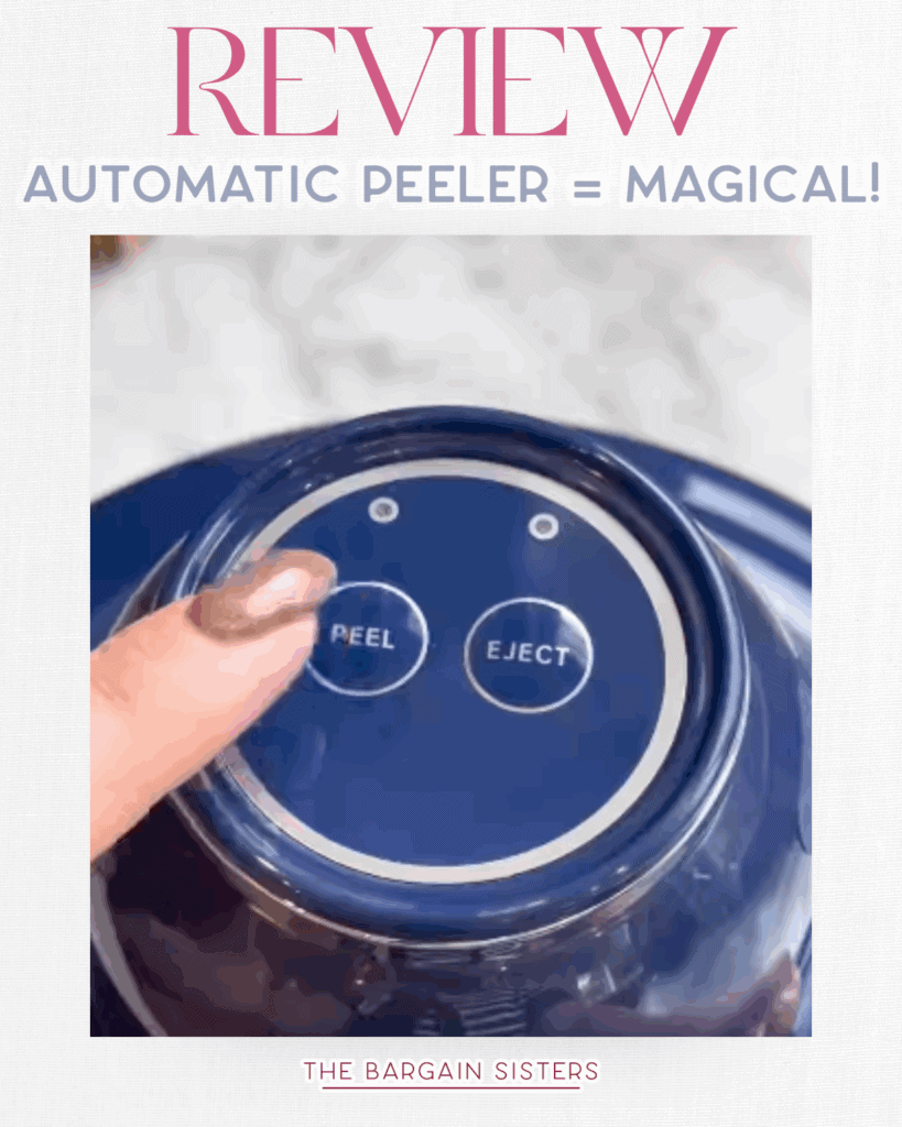 A close-up of a person's finger pressing a button labeled "PEEL" on the blue automatic peeler. Another button labeled "EJECT" is next to it. Text above reads "REVIEW AUTOMATIC PEELER = MAGICAL!"—the power of an automatic peeler in action!.
