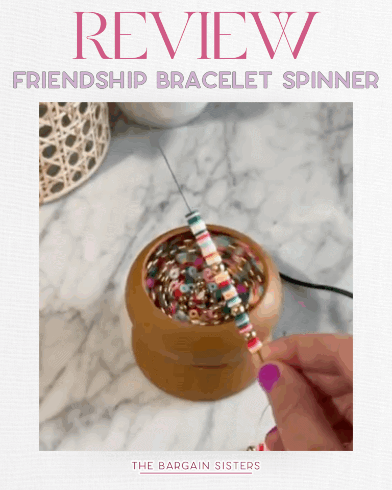 A hand uses a friendship bracelet spinner, threading colorful beads onto a string from a spinning wooden bowl, on a marble surface. Text at the top reads “Review Friendship Bracelet Spinner.”.