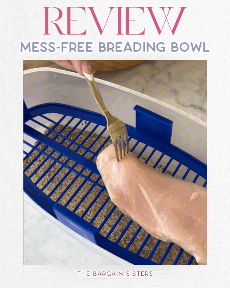 A hand uses a fork to coat a raw chicken breast in breadcrumbs inside a blue and clear breading station bowl on a marble counter. Text above reads “Review: Mess-Free Breading Bowl” and “The Bargain Sisters” below.
