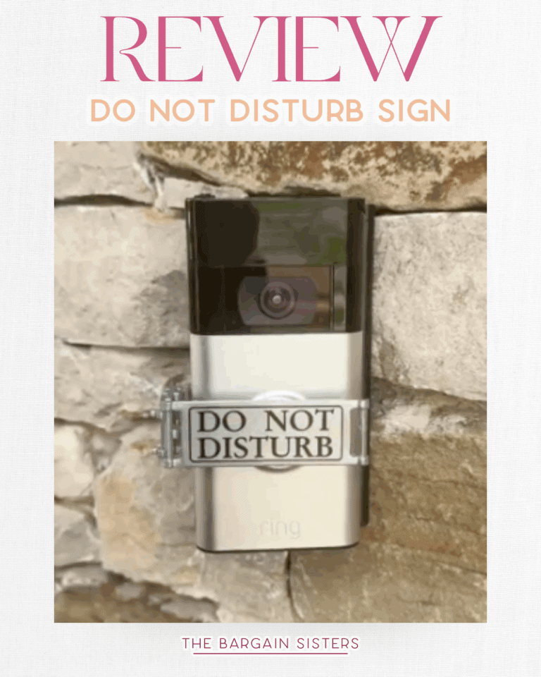 A Ring doorbell attached to a stone wall with a sign that says "DO NOT DISTURB" taped across it. Text above reads "Review: Do Not Disturb Sign." At the bottom, it says "The Bargain Sisters.