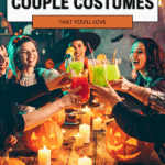 A group of people dressed in Halloween costumes cheers with colorful drinks around a table decorated with carved pumpkins and candles. The text reads, “Spooky Cute Halloween Couple Costumes That You’ll Love.”.