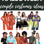 A collage of eight couples in Halloween costumes, including prison jumpsuits, German attire, circus outfits, gothic looks, pirates, 70s disco, and fairytale-inspired clothing. Text reads "Cute Halloween couple costumes ideas.