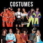A collage of couples wearing various Halloween costumes, including firefighters, Bavarian outfits, retro tracksuits, pirates, 1970s disco attire, and Mad Hatter-inspired looks. Text reads: "Last-minute Halloween couple costumes.